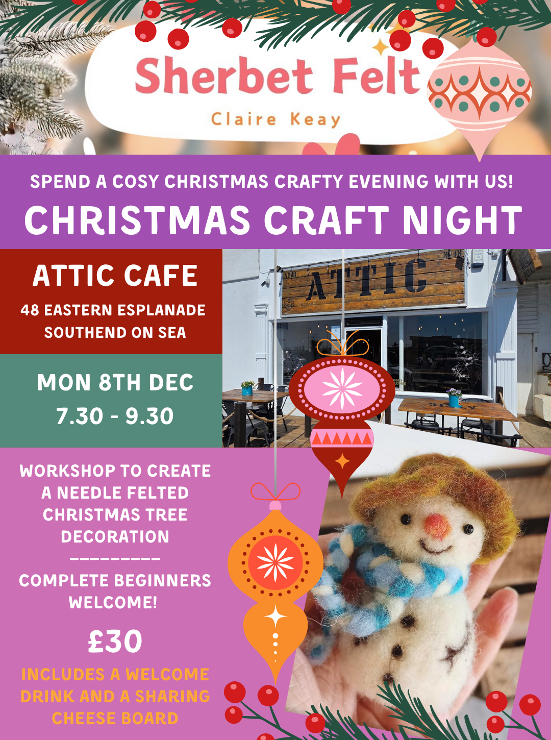 Mon 8th December - ATTIC CAFE - SNOWMAN TREE DECORATION - 7.30pm to 9.30pm